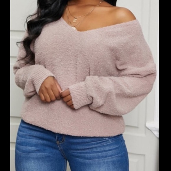 Soft Plush Dew Shoulder Deep V Kneck Dusty Pink Plush Loose Long Sleeve Sweater - Picture 2 of 7